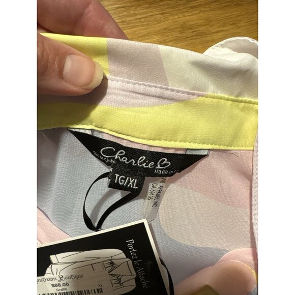 NEW Charlie B Sheer Chiffon Button-Down Top Y2K Colorful Abstract Artsy Boho XL - Picture 7 of 8
